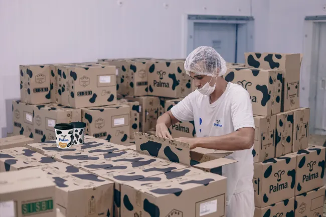 Funcionária montando as caixas Palma na expedição