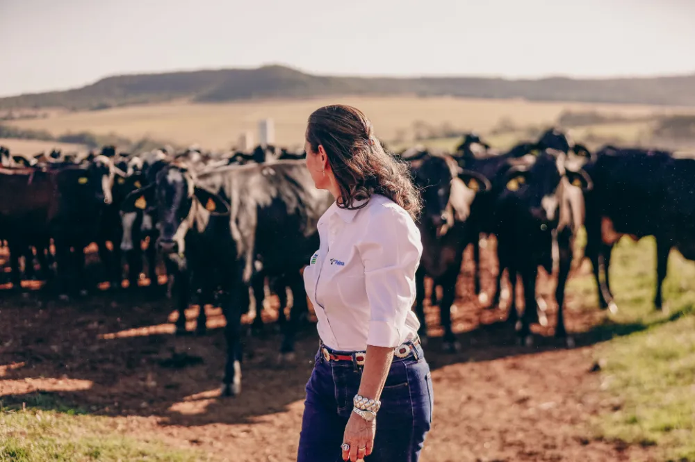 Mulher de camisa branca da Palma diante do rebanho, com os morros ao fundo