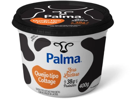 Pote de Queijo tipo Cottage Palma zero lactose, de tampa preta e rótulo laranja